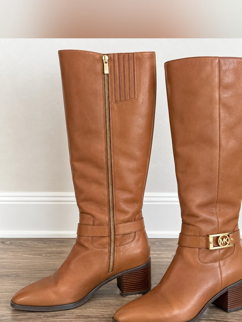 MICHAEL Michael Kors Cognac Leather Knee Boots with Gold Hardware